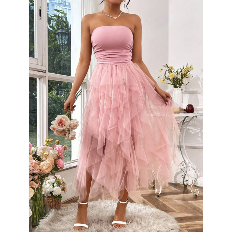 Večernja haljina bez naramenica, bez rukava, visok struk, mrežasti pojas, poliester