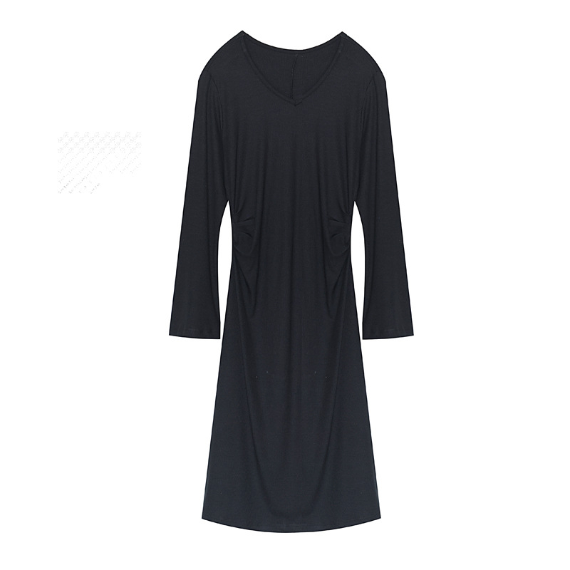 Francia kötött hosszú ujjú ruha V-nyakkal, pamut-elasztán keverék, pliszírozott midi hosszú szoknya