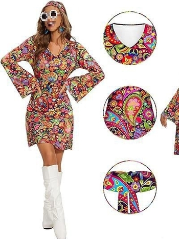 Полиестерова рокля с V-образно деколте, камбановидни ръкави, средна дължина