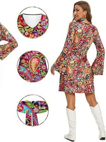 Полиестерова рокля с V-образно деколте, камбановидни ръкави, средна дължина