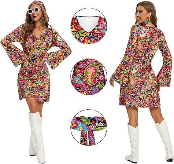 Полиестерова рокля с V-образно деколте, камбановидни ръкави, средна дължина