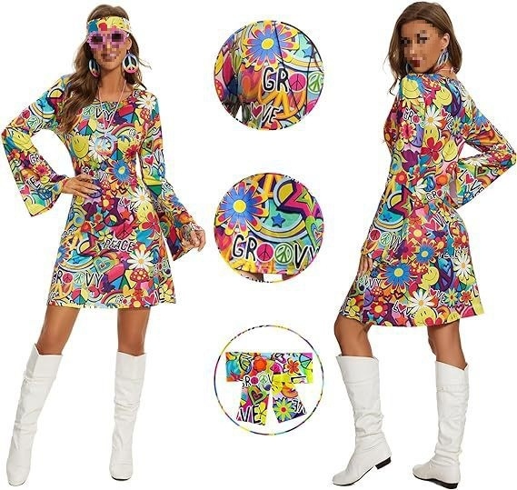 Полиестерова рокля с V-образно деколте, камбановидни ръкави, средна дължина