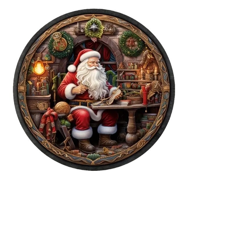 Drevená vianočná visiaca ozdoba na dvere – kruhový ornament so snehuliakom a Santa Clausom, tlačová technika