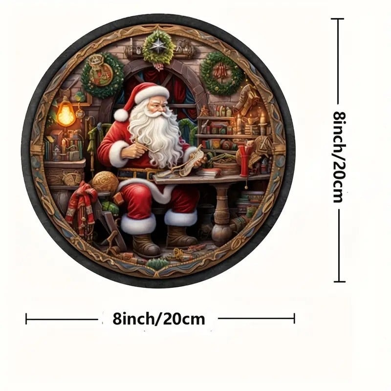 Drevená vianočná visiaca ozdoba na dvere – kruhový ornament so snehuliakom a Santa Clausom, tlačová technika