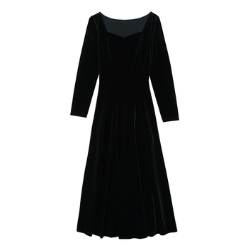 Velúr A-vonalú ruha, négyszögletes gallér, hosszú ujjú, hosszú ruha, poliészter-keverék 30–50%