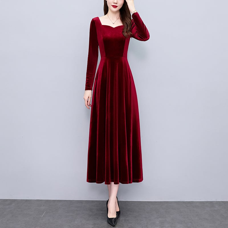 Velúr A-vonalú ruha, négyszögletes gallér, hosszú ujjú, hosszú ruha, poliészter-keverék 30–50%
