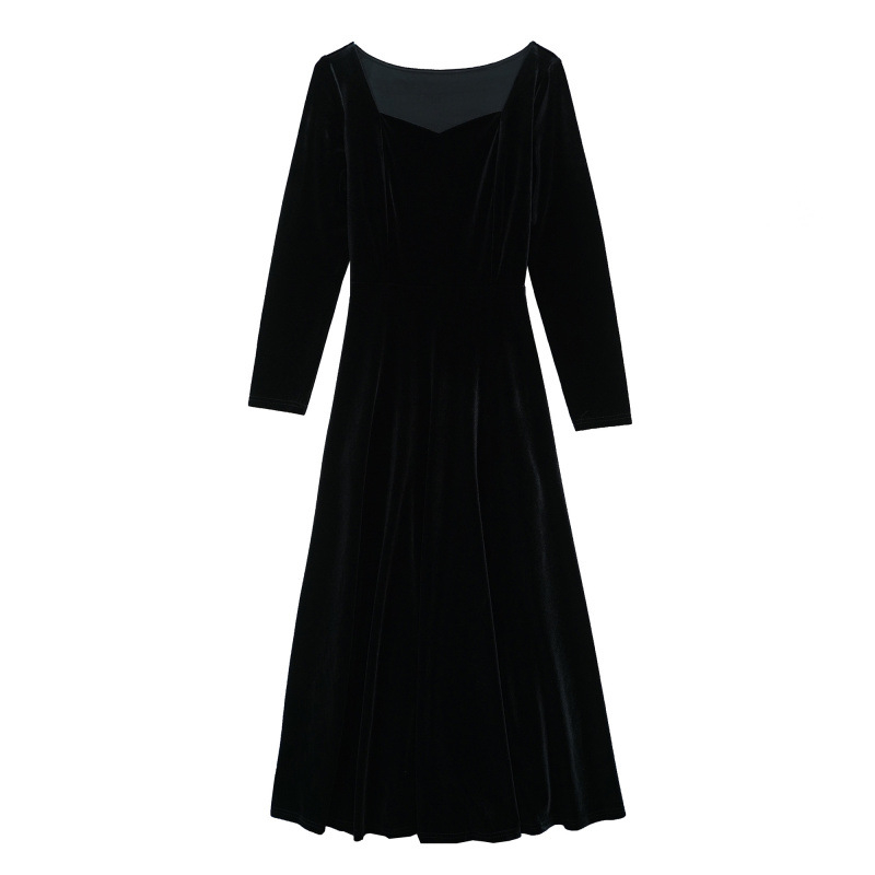 Velúr A-vonalú ruha, négyszögletes gallér, hosszú ujjú, hosszú ruha, poliészter-keverék 30–50%