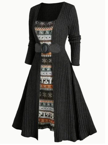 Haljina s patchwork printom, dugi rukavi, okrugli izrez, pamuk-poliester materijal, elegantno svakodnevni stil