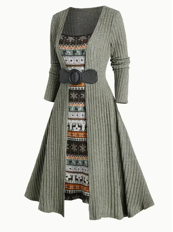 Haljina s patchwork printom, dugi rukavi, okrugli izrez, pamuk-poliester materijal, elegantno svakodnevni stil