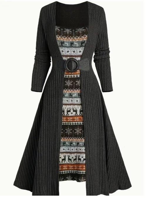 Haljina s patchwork printom, dugi rukavi, okrugli izrez, pamuk-poliester materijal, elegantno svakodnevni stil