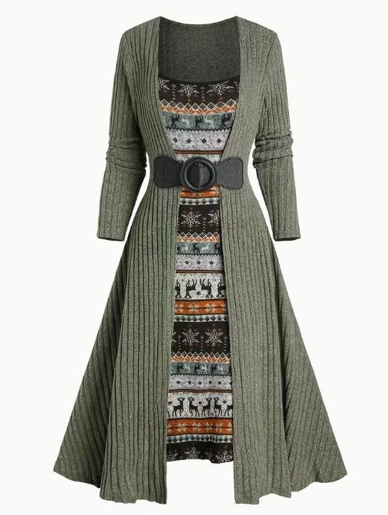 Haljina s patchwork printom, dugi rukavi, okrugli izrez, pamuk-poliester materijal, elegantno svakodnevni stil