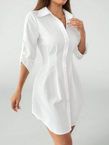 Rochie-camasa cu decolteu în V, mâneci lungi, croială în A, talie medie, material poliester rezistent la cute