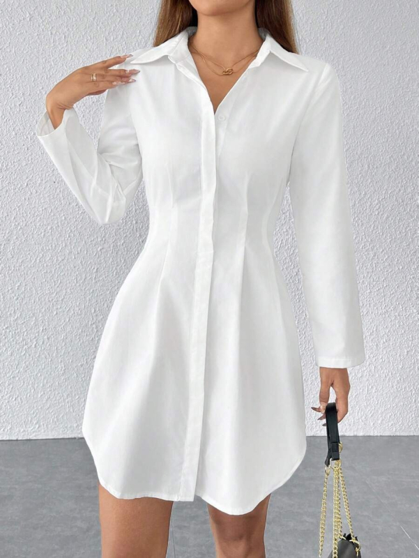 Rochie-camasa cu decolteu în V, mâneci lungi, croială în A, talie medie, material poliester rezistent la cute