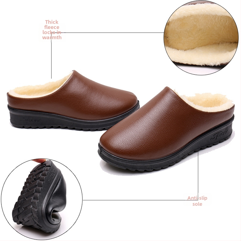 Ženské zimné topánky z PU vrchnej časti, podšité umelým krátkym plyšom, slip-on, guľatý špička, plochá päta