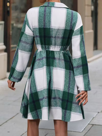 Elegantné patchwork midi šaty s golierom košele, dlhé rukávy, stredový pás, 95% polyester