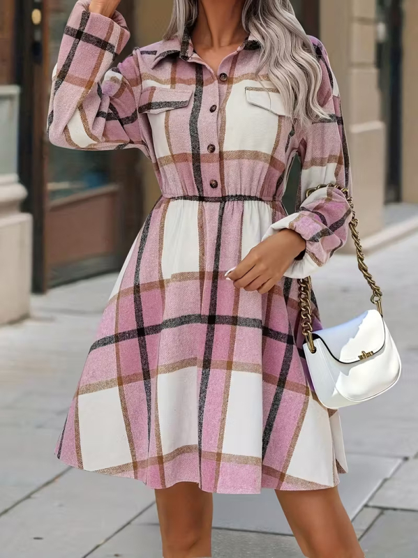 Elegantné patchwork midi šaty s golierom košele, dlhé rukávy, stredový pás, 95% polyester