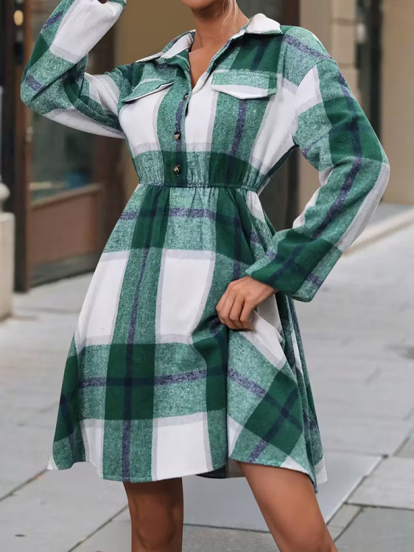 Elegantné patchwork midi šaty s golierom košele, dlhé rukávy, stredový pás, 95% polyester