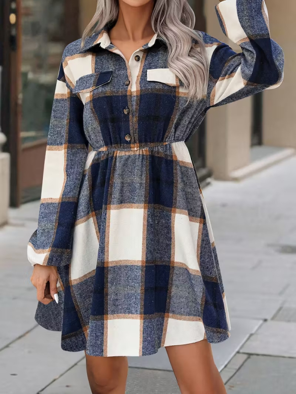 Elegantné patchwork midi šaty s golierom košele, dlhé rukávy, stredový pás, 95% polyester