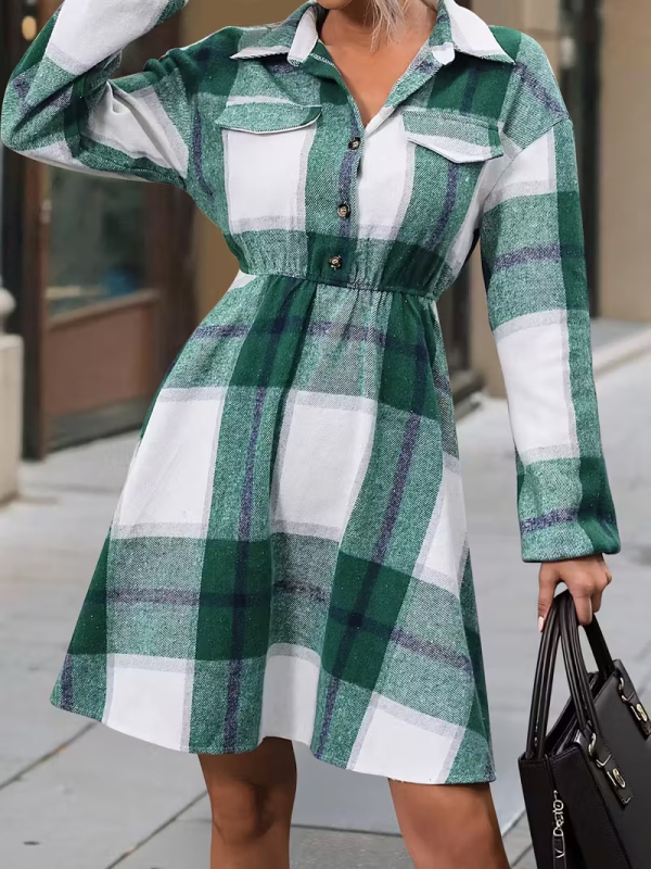 Elegantné patchwork midi šaty s golierom košele, dlhé rukávy, stredový pás, 95% polyester