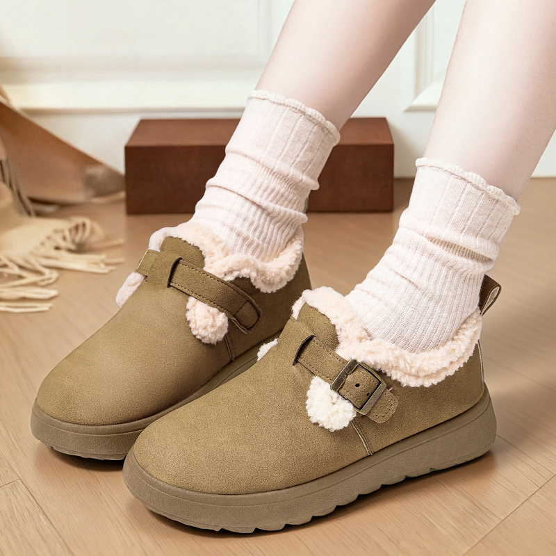 Női téli pamut cipő műszőrme béléssel, külső Mongolian Velvet, alacsony felső rész, PVC talp, slip-on