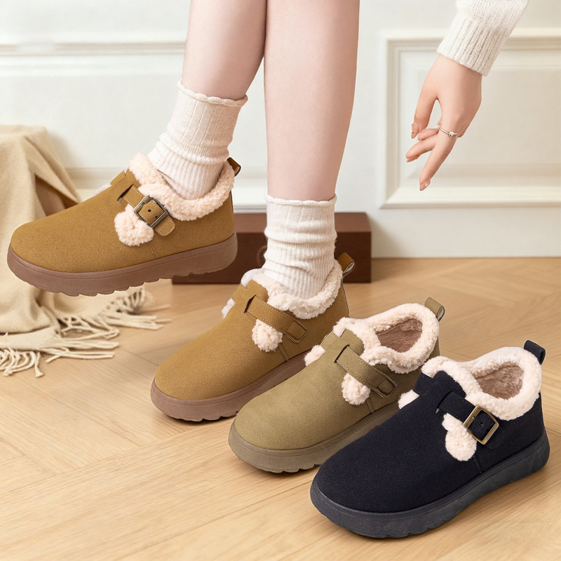 Női téli pamut cipő műszőrme béléssel, külső Mongolian Velvet, alacsony felső rész, PVC talp, slip-on