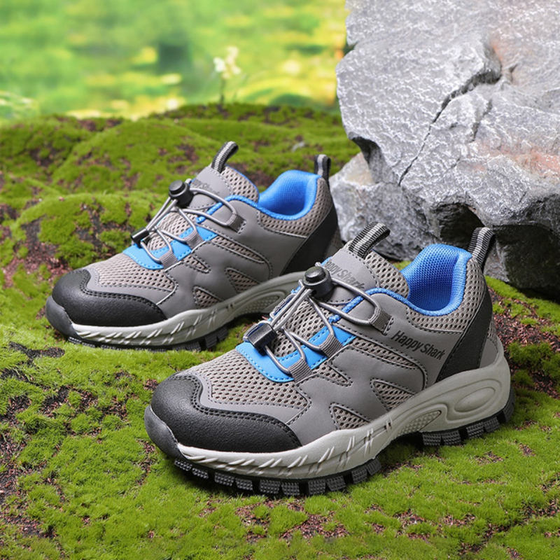 Детски планински обувки за ходене с дишаща мрежеста горна част, гумена подметка и предна връзка, подходящи за зимен, пролетен и есенен сезон.