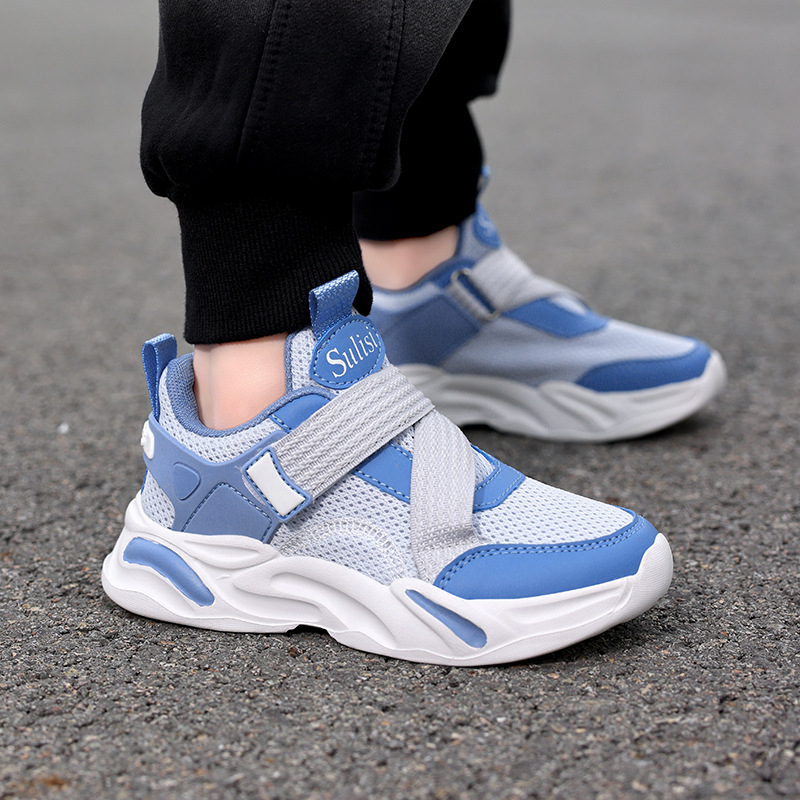 Detské sieťovinové bežecké topánky na suchý zips – dýchateľné, ľahké, protišmykové, EVA podrážka, unisex, jar a jeseň, pre deti 4–16 rokov