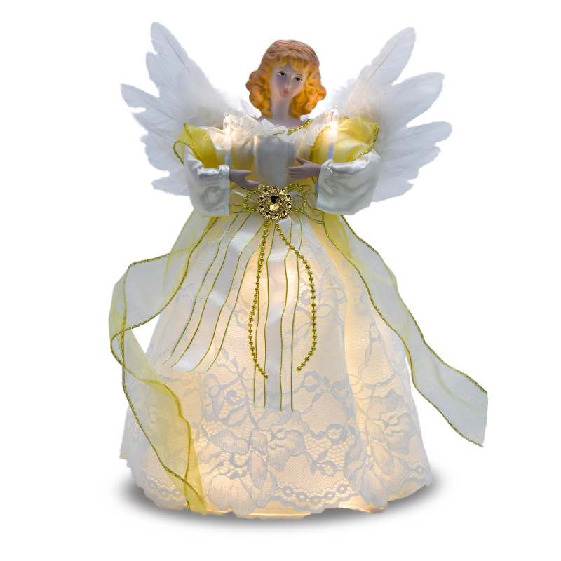 Textilný ozdobný vrchol stromčeka – anjel so svetlom, Hong Meng Xing, balený v samostatnej OPP taške