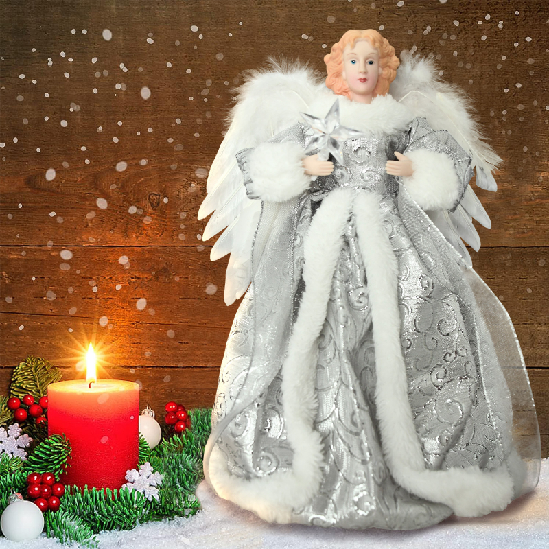 Textilný ozdobný vrchol stromčeka – anjel so svetlom, Hong Meng Xing, balený v samostatnej OPP taške