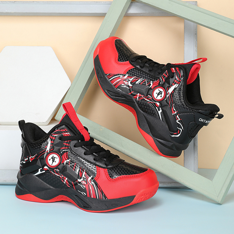 Detská basketbalová obuv pre jeseň 2025 – pruhovaný vzor, vrchná časť z umelej kože, podrážka MD, priedušné, protišmykové