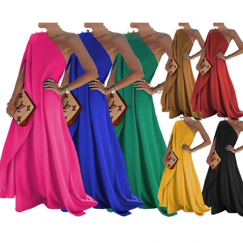 Rochie cu un umăr, decolteu înclinat, fără mâneci, poliester, talie lejeră, rochie lungă în linie A