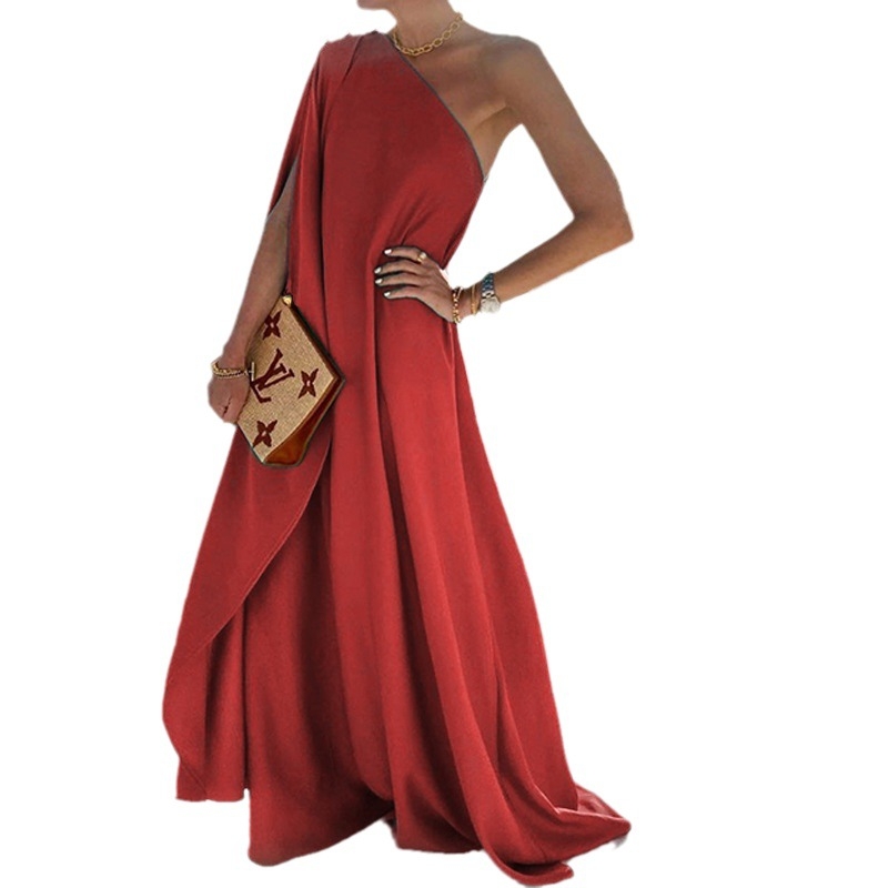 Rochie cu un umăr, decolteu înclinat, fără mâneci, poliester, talie lejeră, rochie lungă în linie A