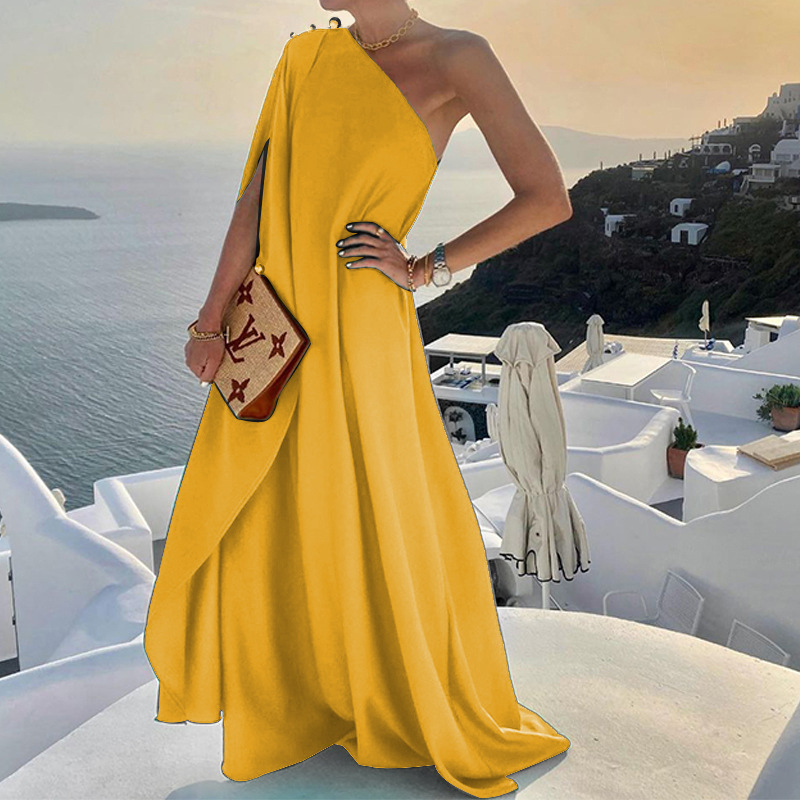 Rochie cu un umăr, decolteu înclinat, fără mâneci, poliester, talie lejeră, rochie lungă în linie A