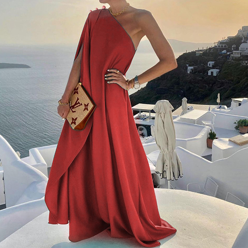 Rochie cu un umăr, decolteu înclinat, fără mâneci, poliester, talie lejeră, rochie lungă în linie A