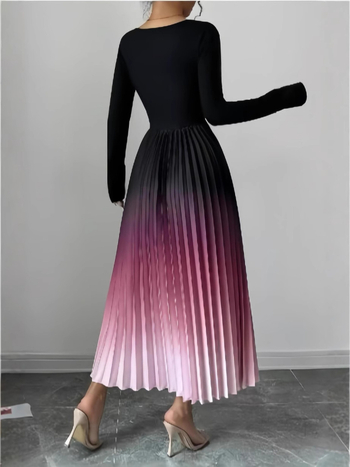 Haljina s blok-motivom i patchwork dizajnom, dugi rukavi, okrugli vrat, elastični pojas, A-linijska duga haljina, jesen 2024, poliester