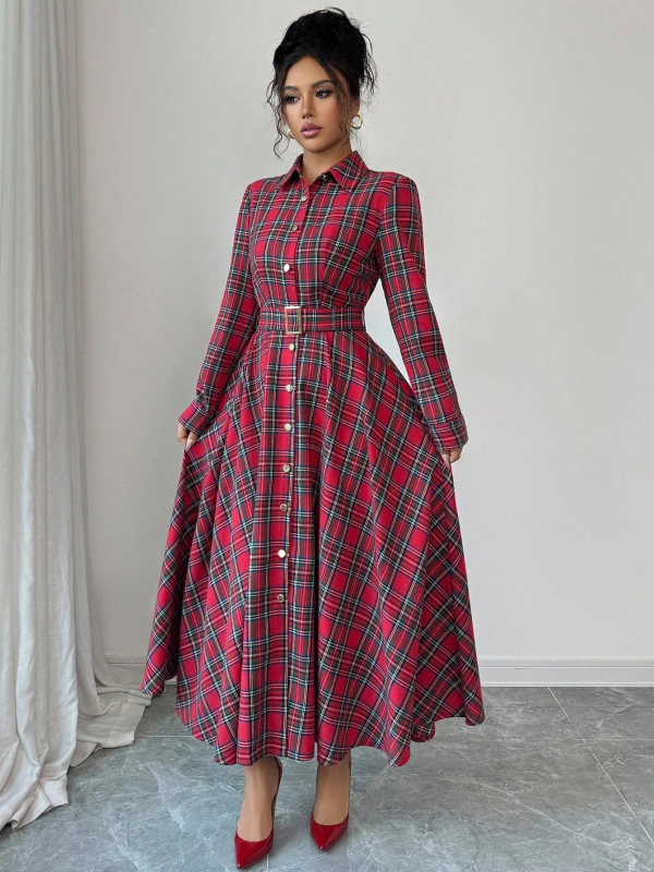 Rochie lungă A-line din poliester, carouri, guler rever și mâneci lungi