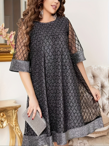 Ühes tükis kleit ümmarguse kaelusega ja printsessi varrukatega, polüester ja elastaan