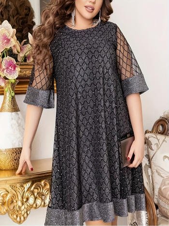 Ühes tükis kleit ümmarguse kaelusega ja printsessi varrukatega, polüester ja elastaan