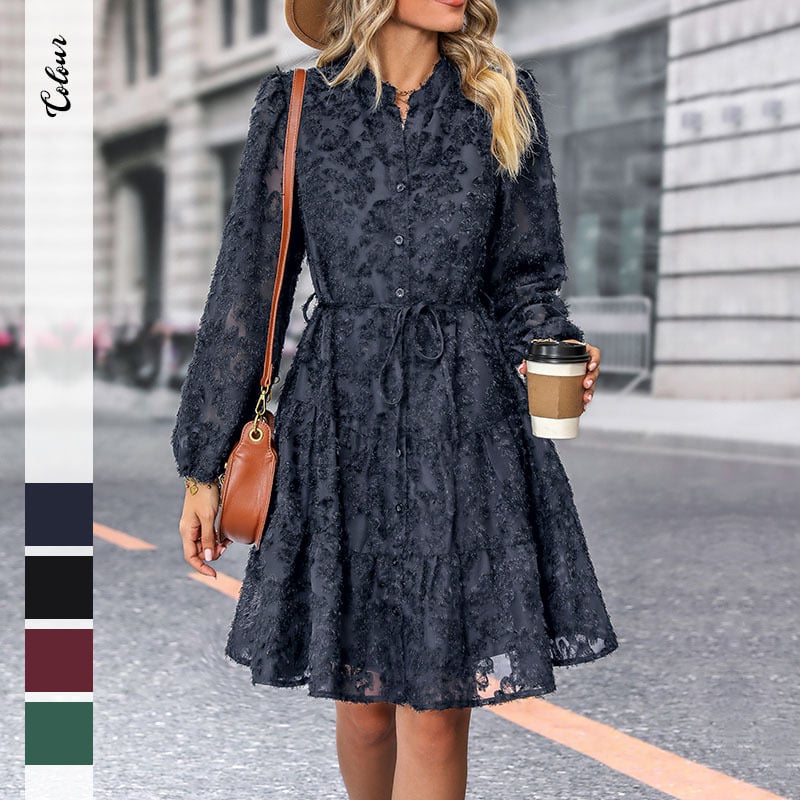 Rochie Jacquard cu dantelă transparentă, mâneci lungi, guler înalt, croială A-line scurtă, poliester.