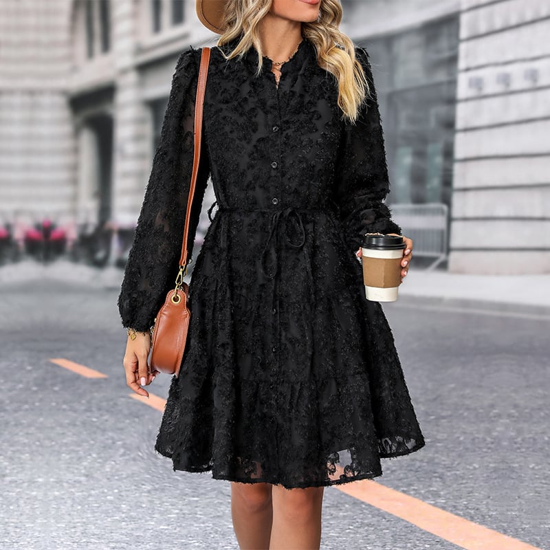 Rochie Jacquard cu dantelă transparentă, mâneci lungi, guler înalt, croială A-line scurtă, poliester.