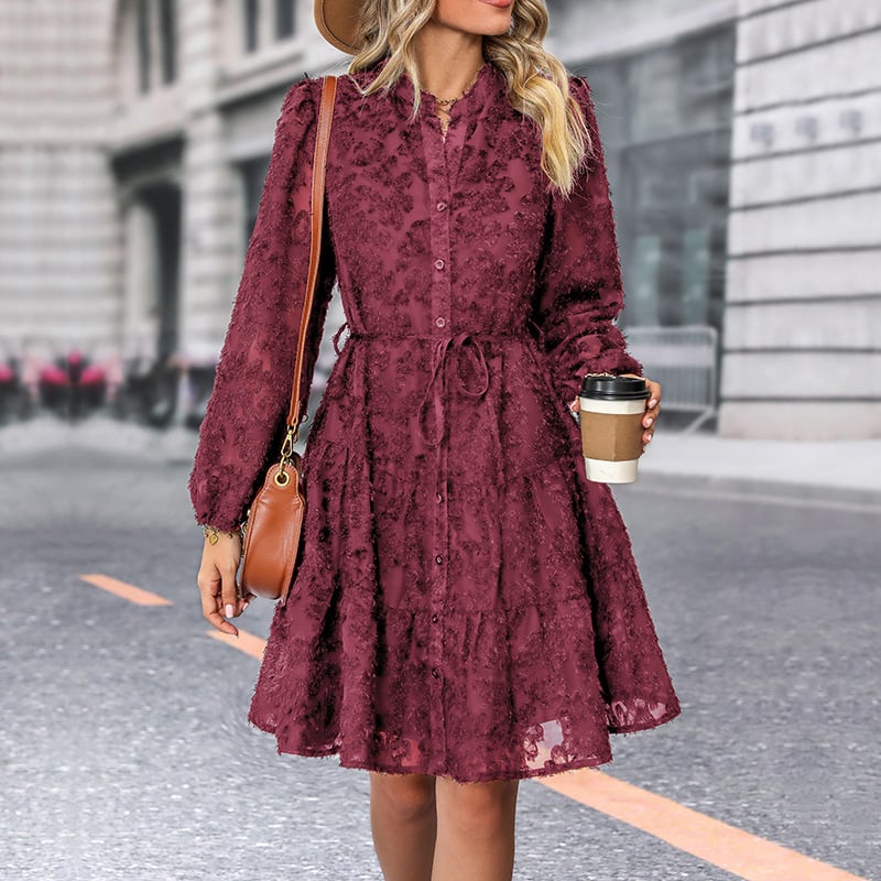 Rochie Jacquard cu dantelă transparentă, mâneci lungi, guler înalt, croială A-line scurtă, poliester.