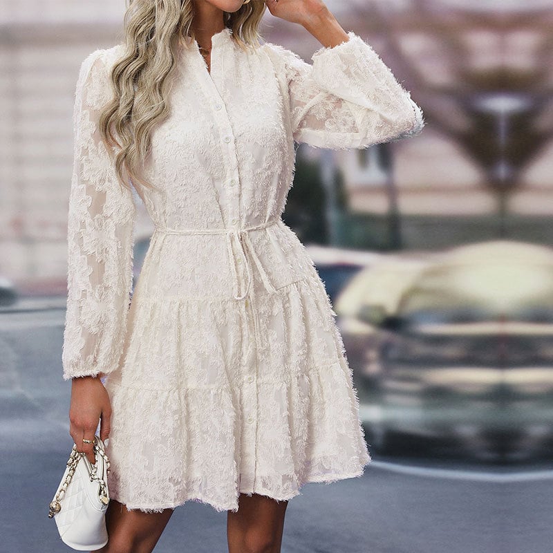 Rochie Jacquard cu dantelă transparentă, mâneci lungi, guler înalt, croială A-line scurtă, poliester.