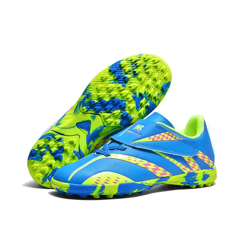 Παιδικά παπούτσια ποδοσφαίρου με Velcro κλείσιμο, επάνω μέρος από συνθετικό δέρμα, αναπνεύσιμη κατασκευή, αντιολισθητική σόλα από καουτσούκ, κατάλληλα για φυσικό και τεχνητό χλοοτάπητα.