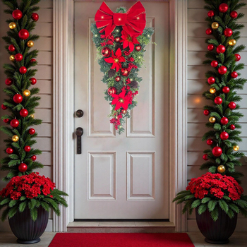 Umelý vianočný veniec na dvere s kvapkami slzových perál a poinsettia - ručná výroba, plastový materiál, americký štýl, pre Európu a Severnú Ameriku