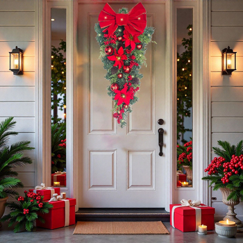 Umelý vianočný veniec na dvere s kvapkami slzových perál a poinsettia - ručná výroba, plastový materiál, americký štýl, pre Európu a Severnú Ameriku
