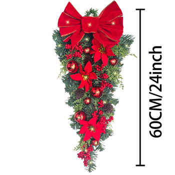 Umelý vianočný veniec na dvere s kvapkami slzových perál a poinsettia - ručná výroba, plastový materiál, americký štýl, pre Európu a Severnú Ameriku