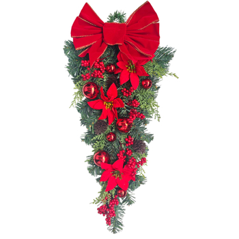 Umelý vianočný veniec na dvere s kvapkami slzových perál a poinsettia - ručná výroba, plastový materiál, americký štýl, pre Európu a Severnú Ameriku