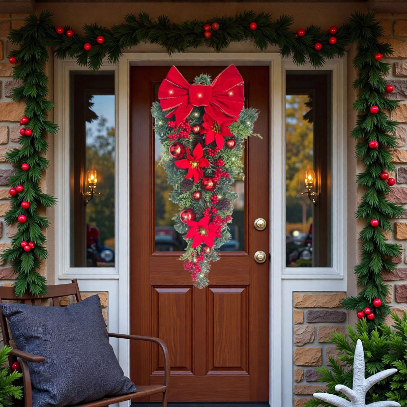 Umelý vianočný veniec na dvere s kvapkami slzových perál a poinsettia - ručná výroba, plastový materiál, americký štýl, pre Európu a Severnú Ameriku