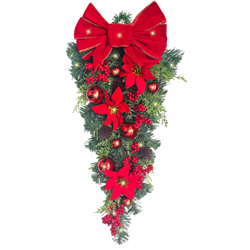 Umelý vianočný veniec na dvere s kvapkami slzových perál a poinsettia - ručná výroba, plastový materiál, americký štýl, pre Európu a Severnú Ameriku