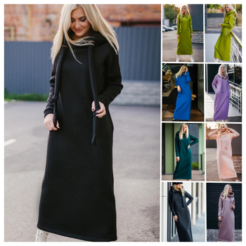 rochie tricotată lungă cu glugă și căptușeală de fleece, panouri cusute, mâneci Raglan, material poliester
